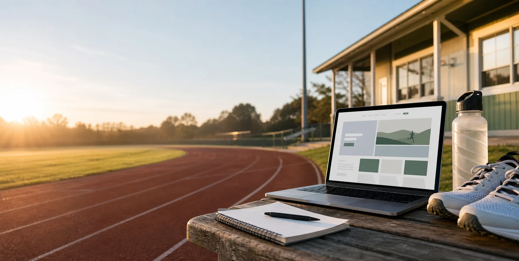 Laptop, running shoes, notebook, and water bottle beside a running track at sunrise.